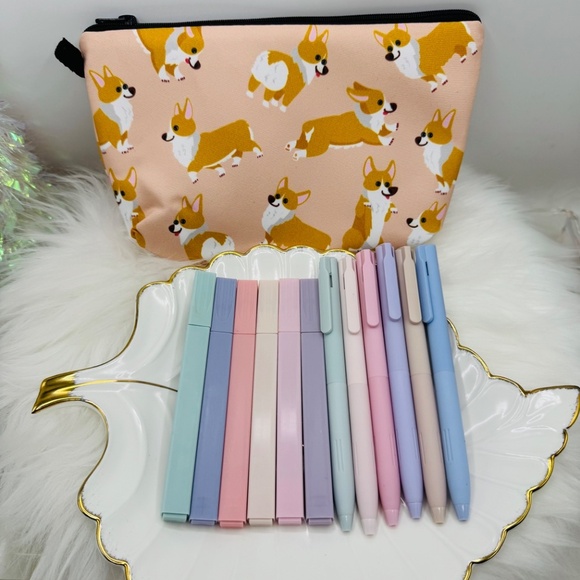 Corgi Dog Print Pencil Case Cute Zipper Pouch w/ highlighters & gel pens bundle - Picture 6 of 6